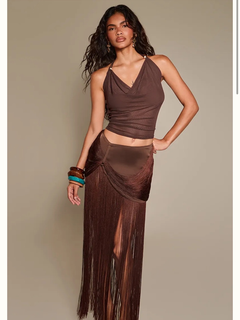 PrettyLittleThing Brown Fringe Maxi Skirt with Draped Detail